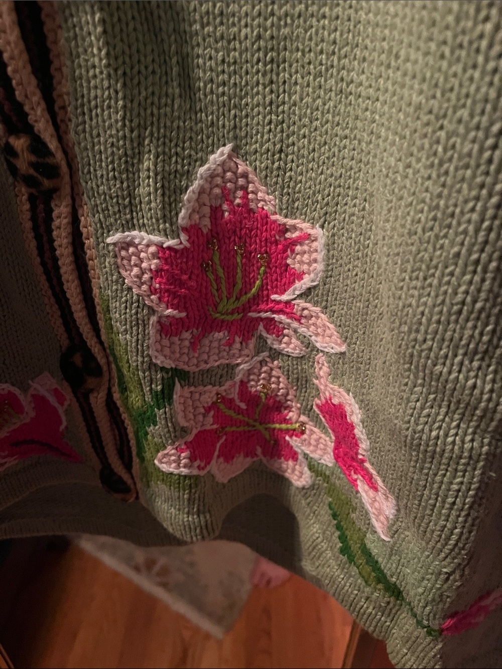 Storybook Knits Olive Green Cardigan with Pink Floral Embroidery - Picture 3 of 8